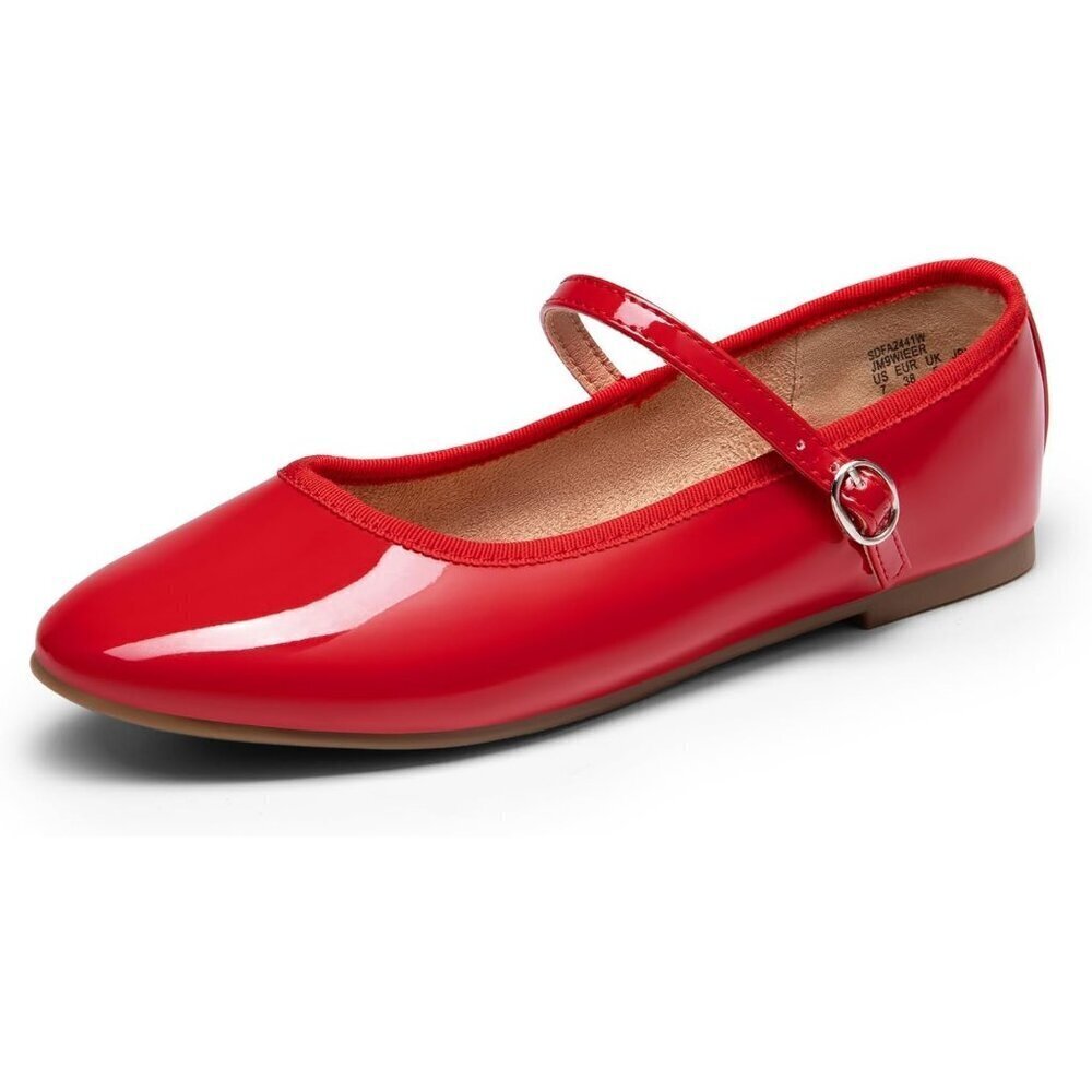 Dream Pairs Women's Red-pat CALF PU Round Toe Buckled Ankle Strap Ballet Flats
